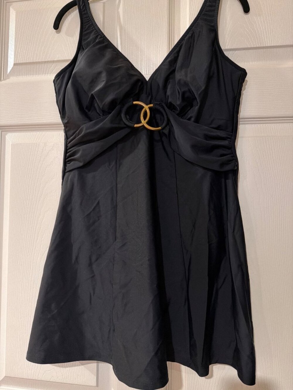 Carol Wior Black Swimsuit Dress Size 14 With Gold Accent Made In USA Nylon & Spa
